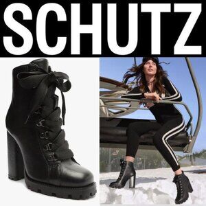 Schutz Zhara Lace up Ankle High Heel Bootie Size 8.5 Black Leather NEW $158